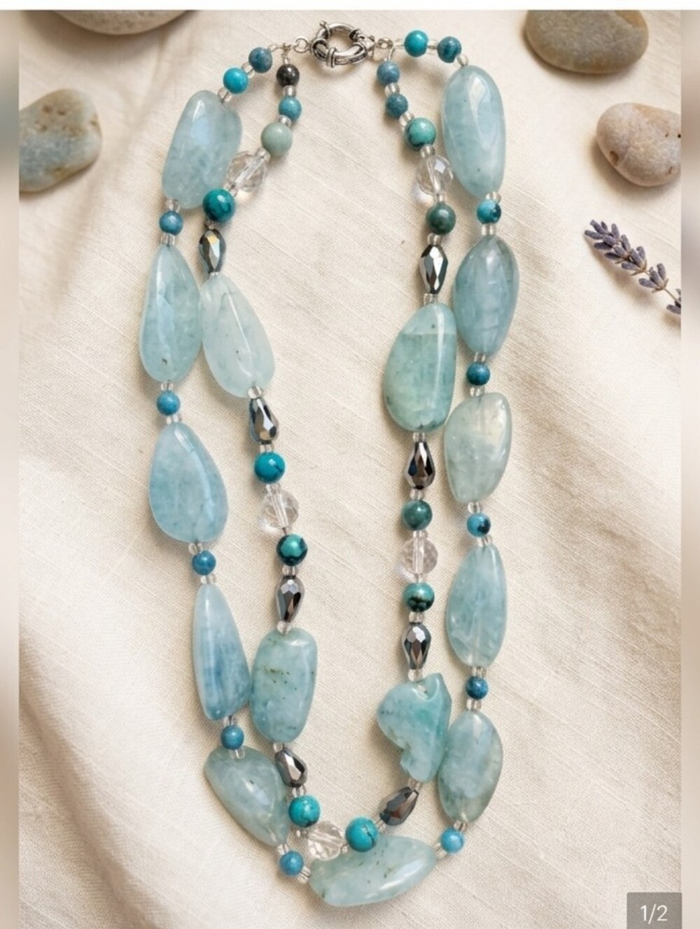 Handmade Aquamarine Bead Necklace in Soft Blue